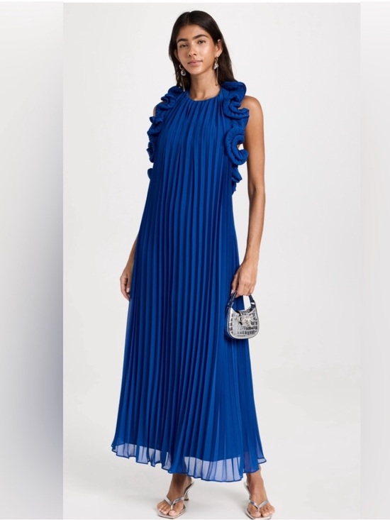 AMUR Dresses & Skirts - AMUR Cobalt Blue Backless Pleated Maxi Dress with Ruffle Halter